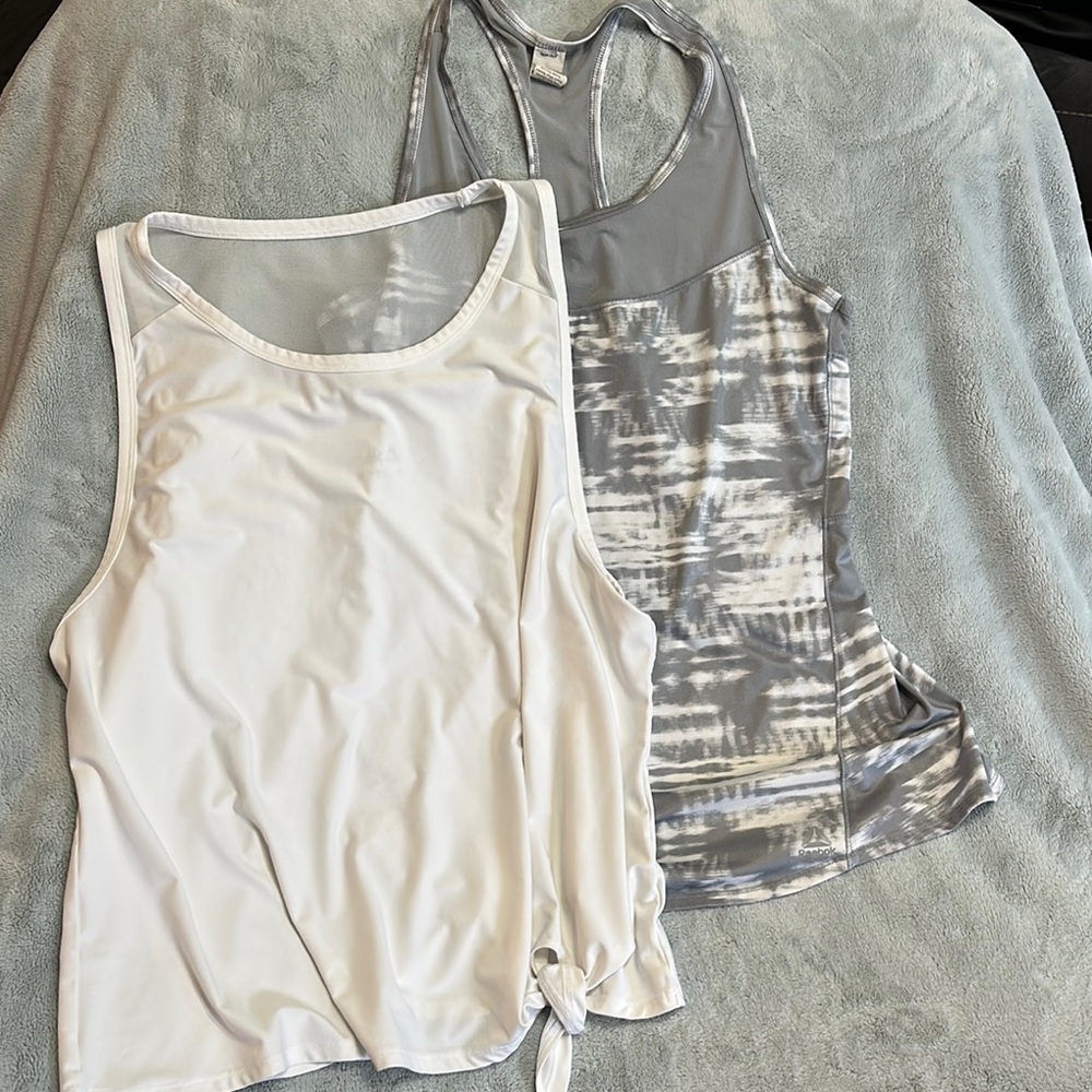 Reebok White and Gray Asymmetrical Tie Front Tank Top